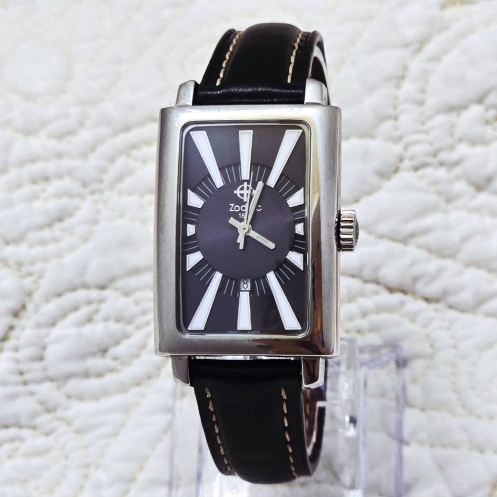 Rare Zodiac Tank Men's Watch ZO3401 Classic Line Black Dial Swiss Made Sunbeam